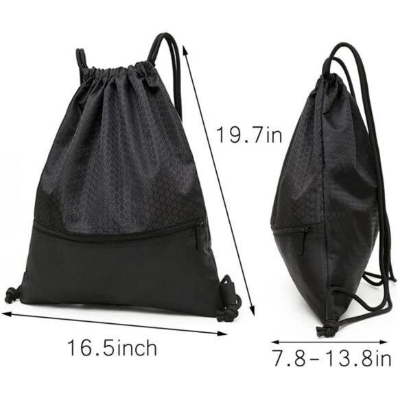 Drawstring Backpack Bag, Waterproof Draw String Back Sack with Zip Pocket, Gym - Picture 3 of 7